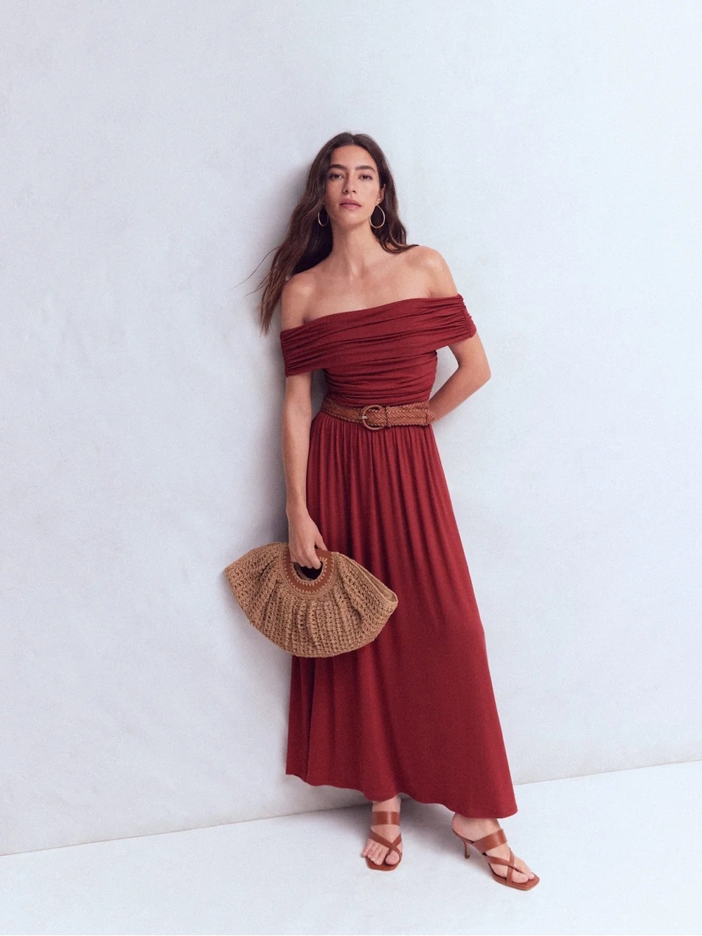 Boden Ruched Bardot Maxi Dress in Burgundy New with Tags!